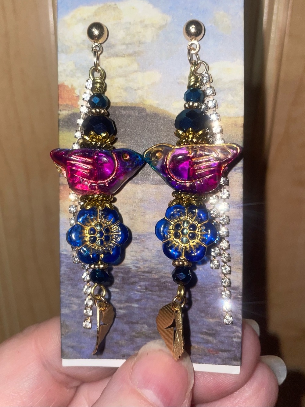 Hand Crafted Purple & Blue Glass Floral Dangle Earrings with Gold Leaf Charms - Picture 5 of 5